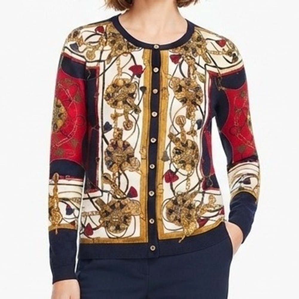 Talbots Cardigan Sweater Womens Medium Multicolor Equestrian Scarf Print Knit